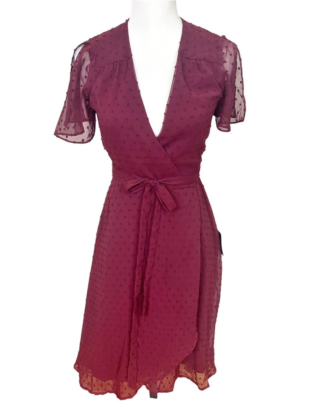 NWT Lulu's Burgundy Swiss Dot Wrap Dress with Tie Waist